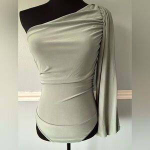 Elegant One-Shoulder Long Sleeve Top - Sage Green